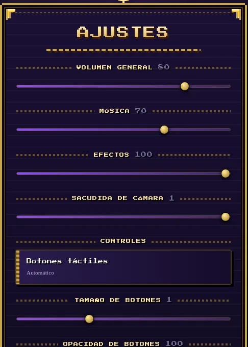 Menú de ajustes con volumen, música, efectos y controles