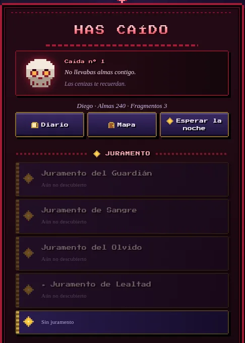 Pantalla Has caído, con una calavera y la frase Las cenizas te recuerdan
