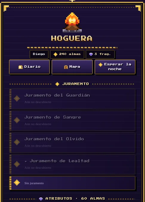 Menú de la hoguera con los juramentos y los atributos