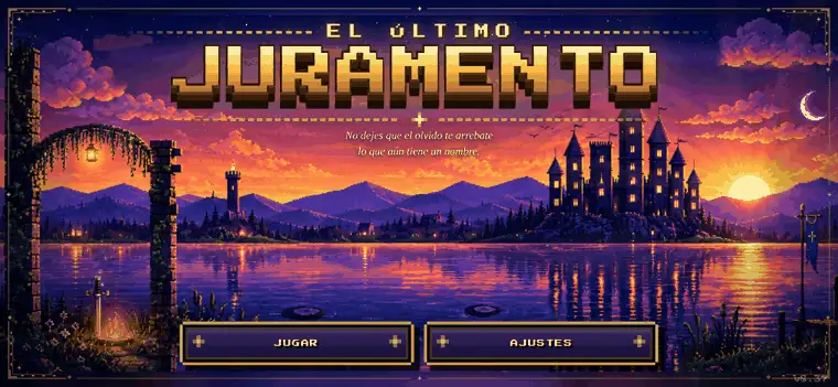 Pantalla de título de El último Juramento, con un castillo junto a un lago al atardecer